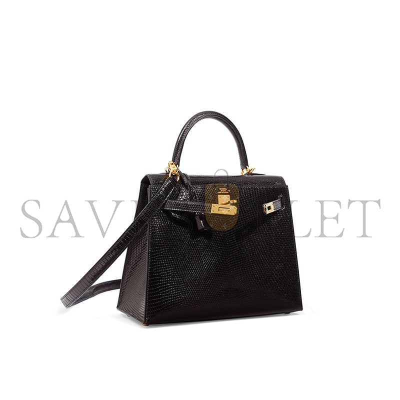 HERMÈS MASTER KELLY 25 BLACK LIZARD LEATHER GOLD BUCKLE (25*17*7cm)